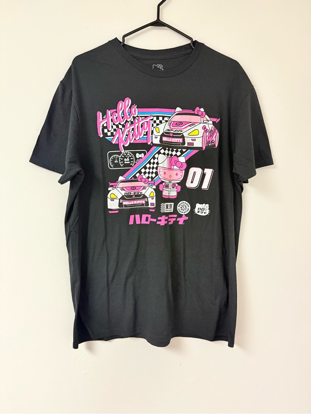 Hello Kitty Black Tee with Pink Racing Graphics